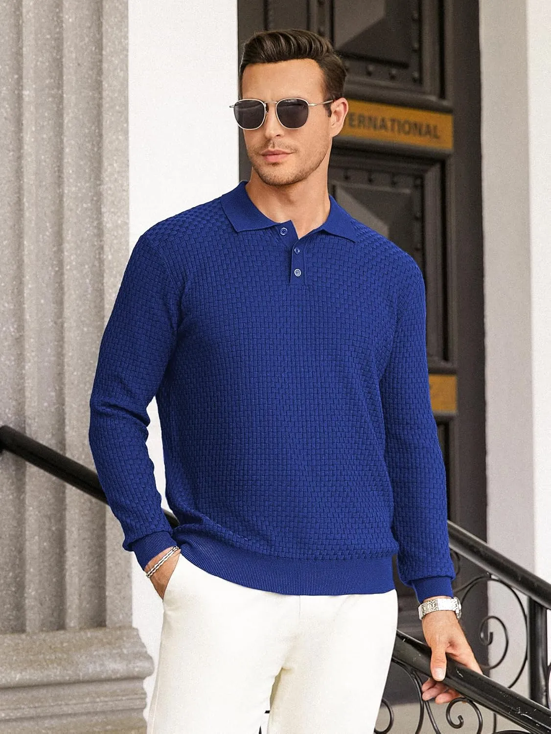 Hardaddy Men's Knit Polo Shirts Long Sleeve Button Up Pullover Sweater Textured Casual Collared Tops