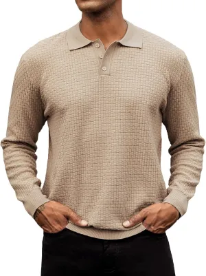Hardaddy Men's Knit Polo Shirts Long Sleeve Button Up Pullover Sweater Textured Casual Collared Tops