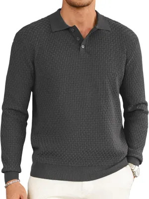 Hardaddy Men's Knit Polo Shirts Long Sleeve Button Up Pullover Sweater Textured Casual Collared Tops