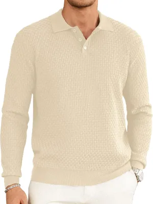 Hardaddy Men's Knit Polo Shirts Long Sleeve Button Up Pullover Sweater Textured Casual Collared Tops