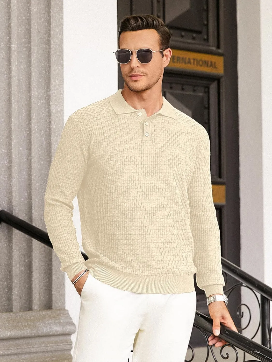 Hardaddy Men's Knit Polo Shirts Long Sleeve Button Up Pullover Sweater Textured Casual Collared Tops