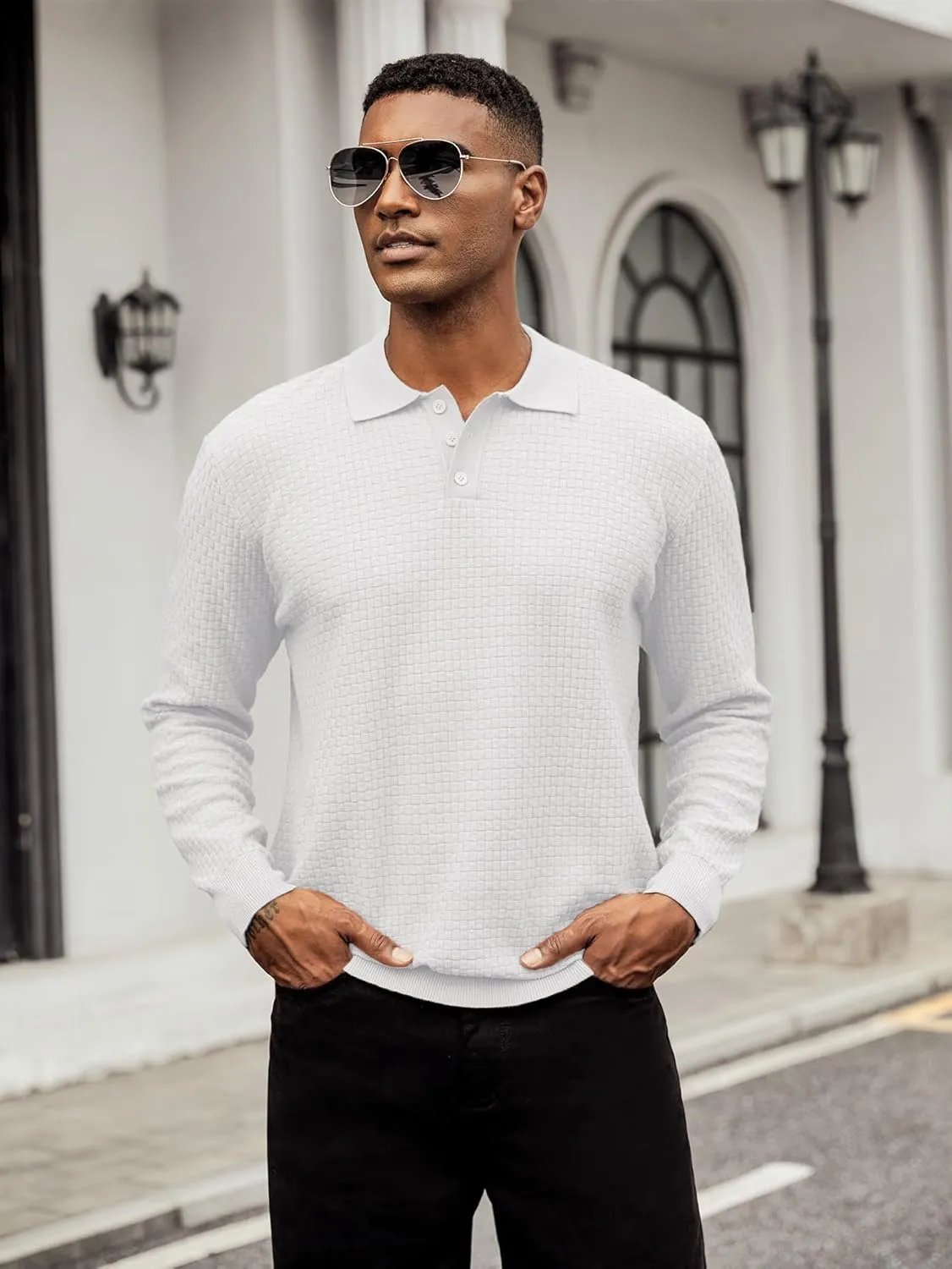 Hardaddy Men's Knit Polo Shirts Long Sleeve Button Up Pullover Sweater Textured Casual Collared Tops