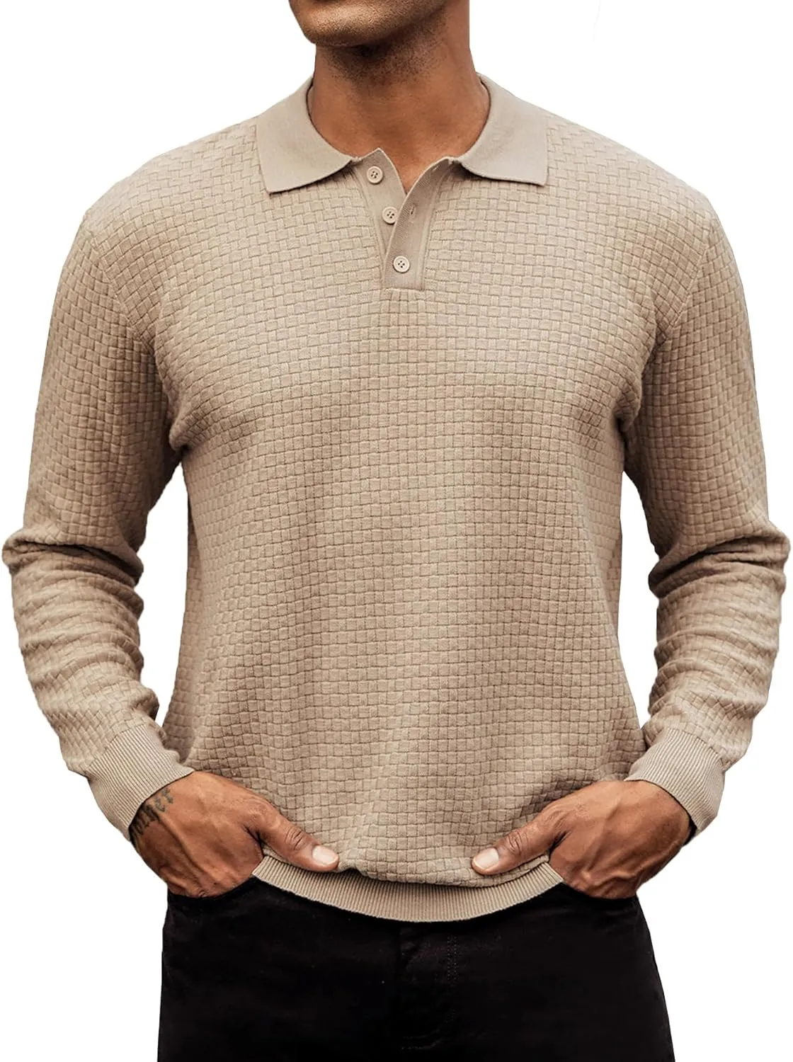 Hardaddy Men's Knit Polo Shirts Long Sleeve Button Up Pullover Sweater Textured Casual Collared Tops