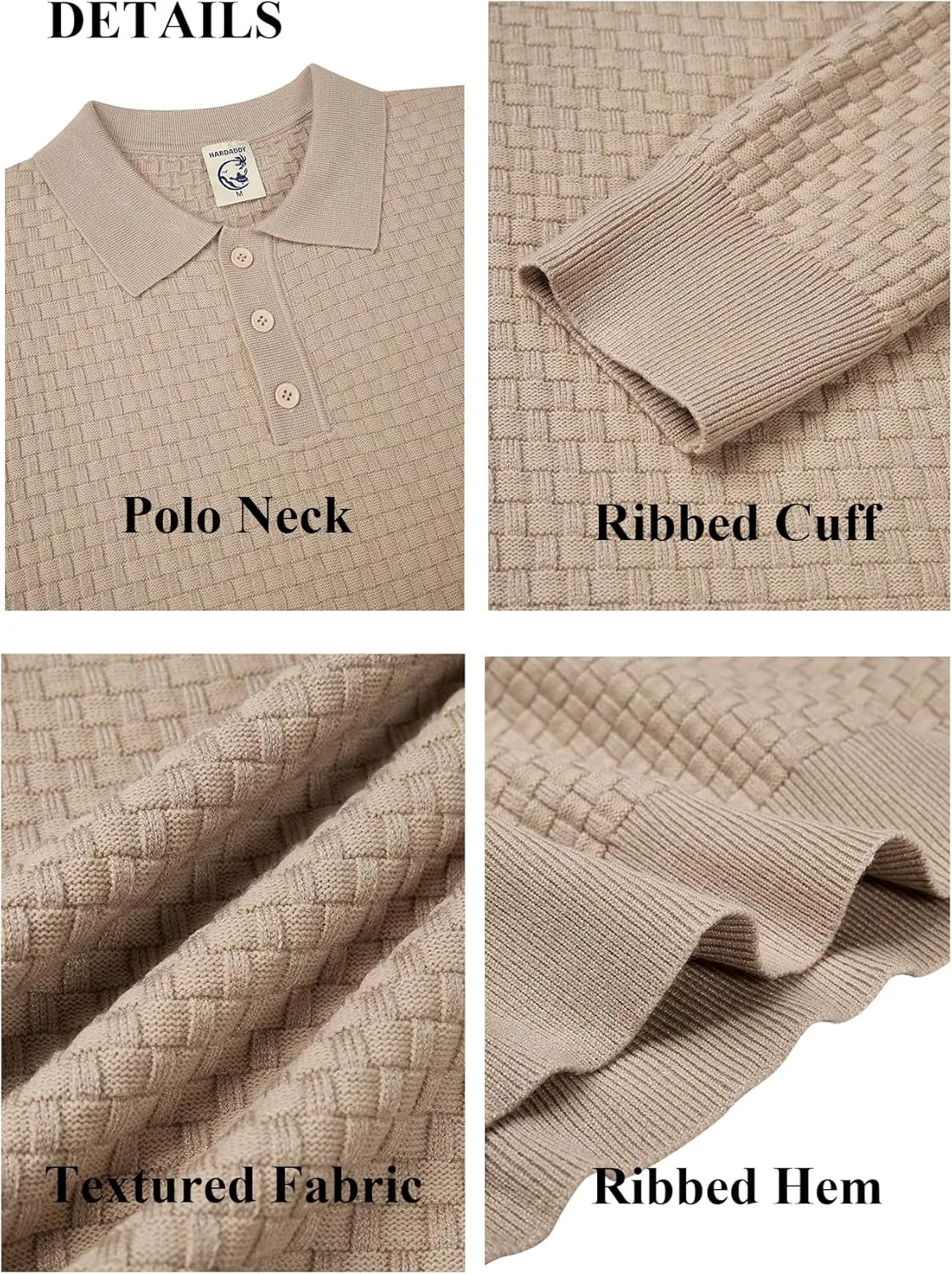 Hardaddy Men's Knit Polo Shirts Long Sleeve Button Up Pullover Sweater Textured Casual Collared Tops