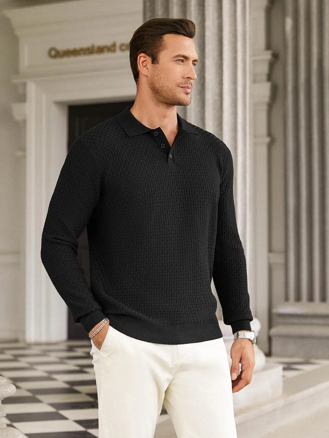 Hardaddy Men's Knit Polo Shirts Long Sleeve Button Up Pullover Sweater Textured Casual Collared Tops