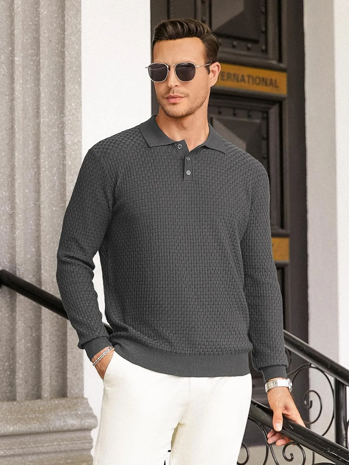 Hardaddy Men's Knit Polo Shirts Long Sleeve Button Up Pullover Sweater Textured Casual Collared Tops