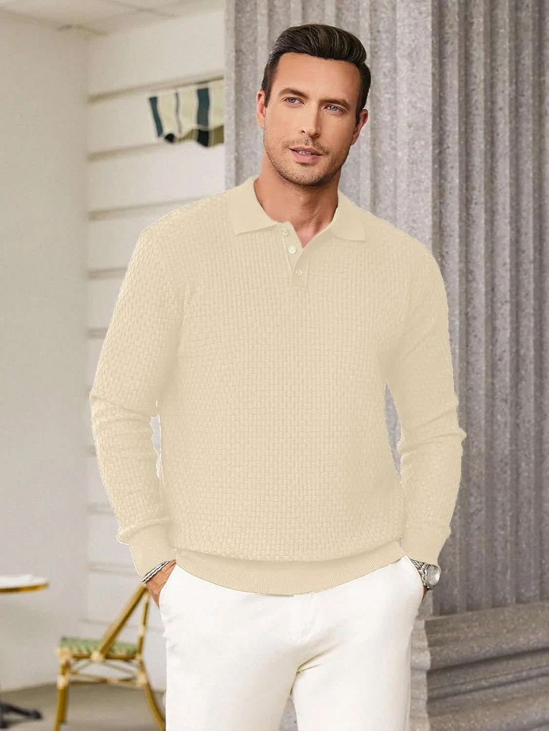 Hardaddy Men's Knit Polo Shirts Long Sleeve Button Up Pullover Sweater Textured Casual Collared Tops