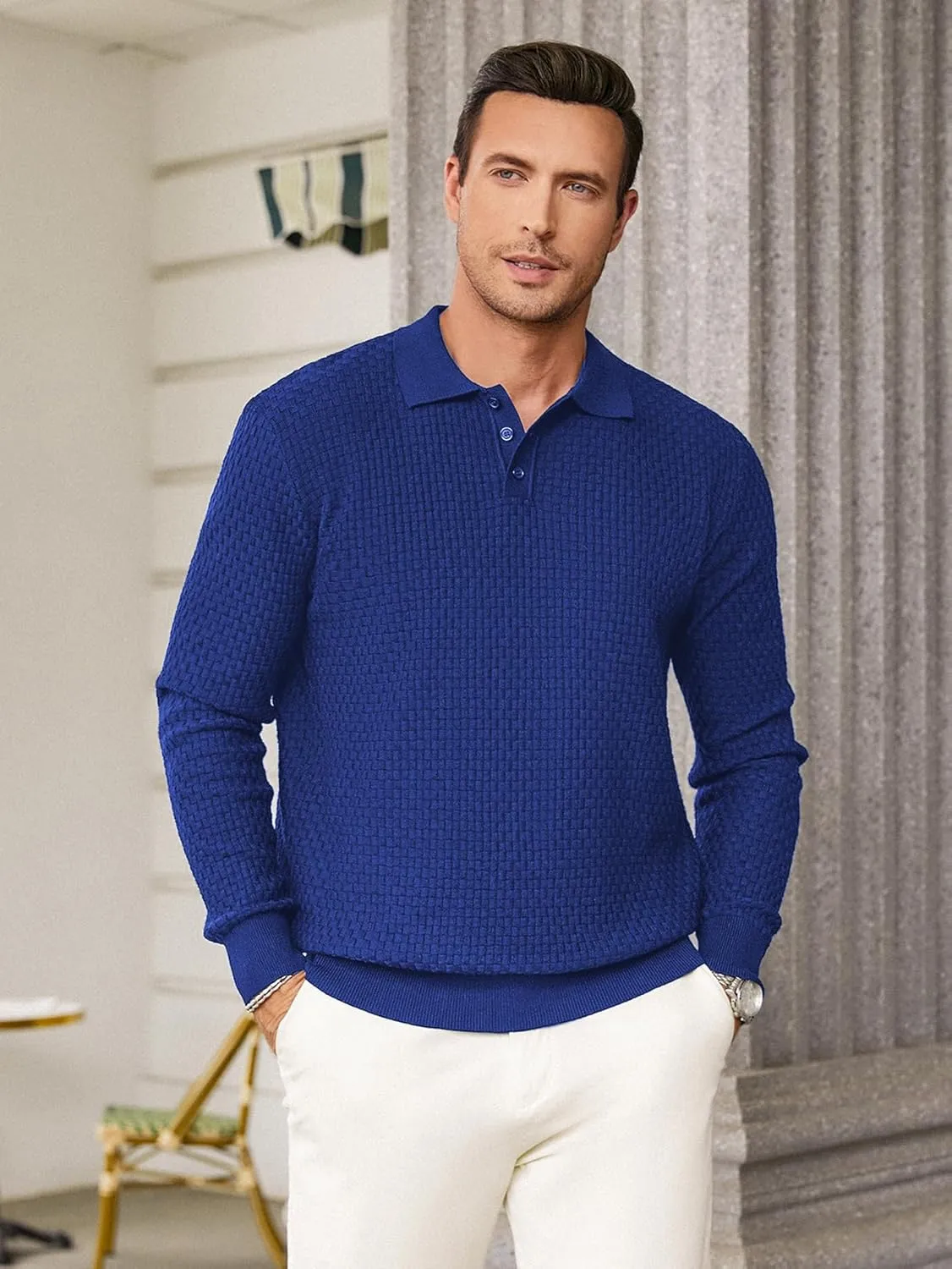 Hardaddy Men's Knit Polo Shirts Long Sleeve Button Up Pullover Sweater Textured Casual Collared Tops