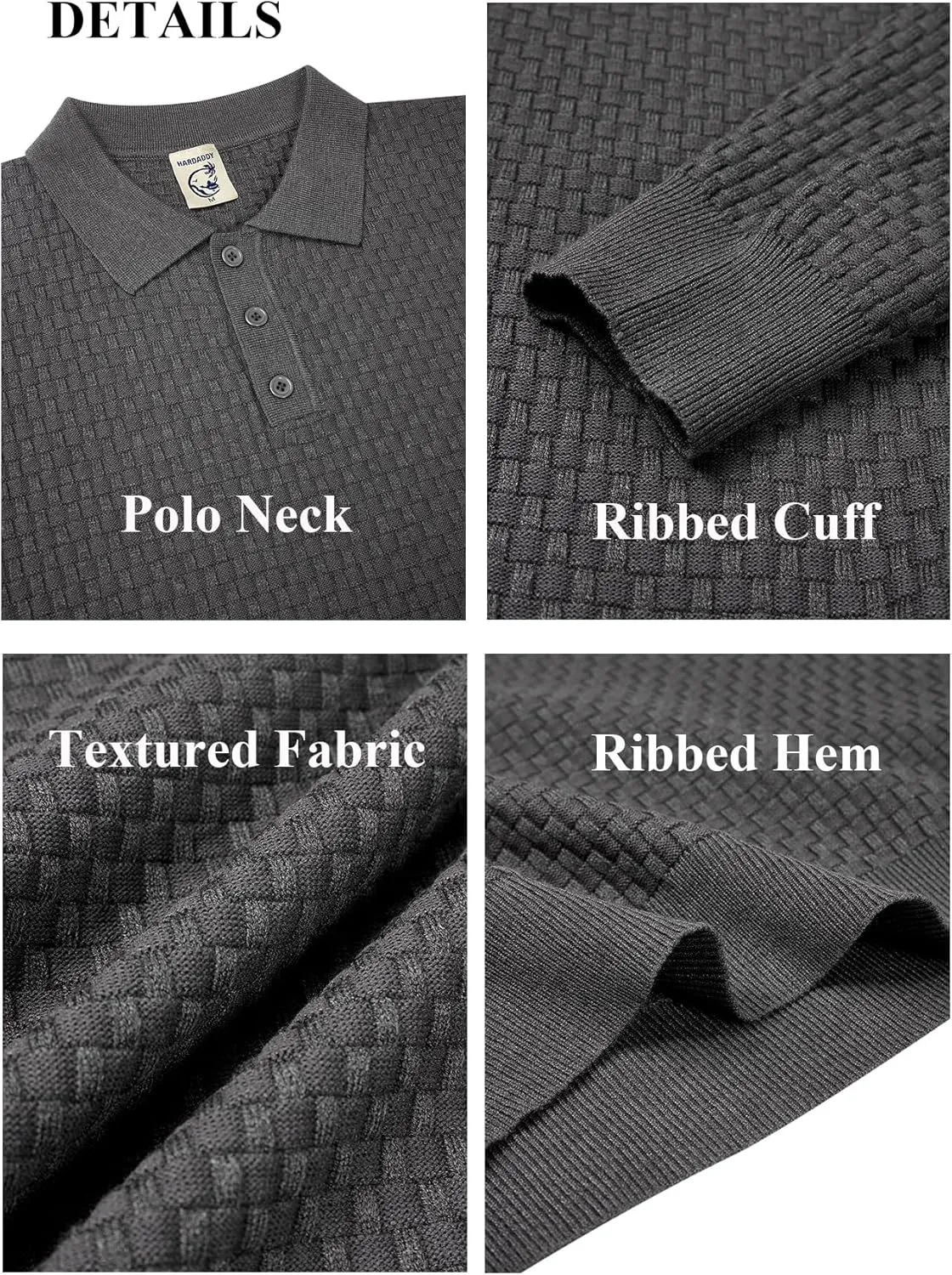 Hardaddy Men's Knit Polo Shirts Long Sleeve Button Up Pullover Sweater Textured Casual Collared Tops