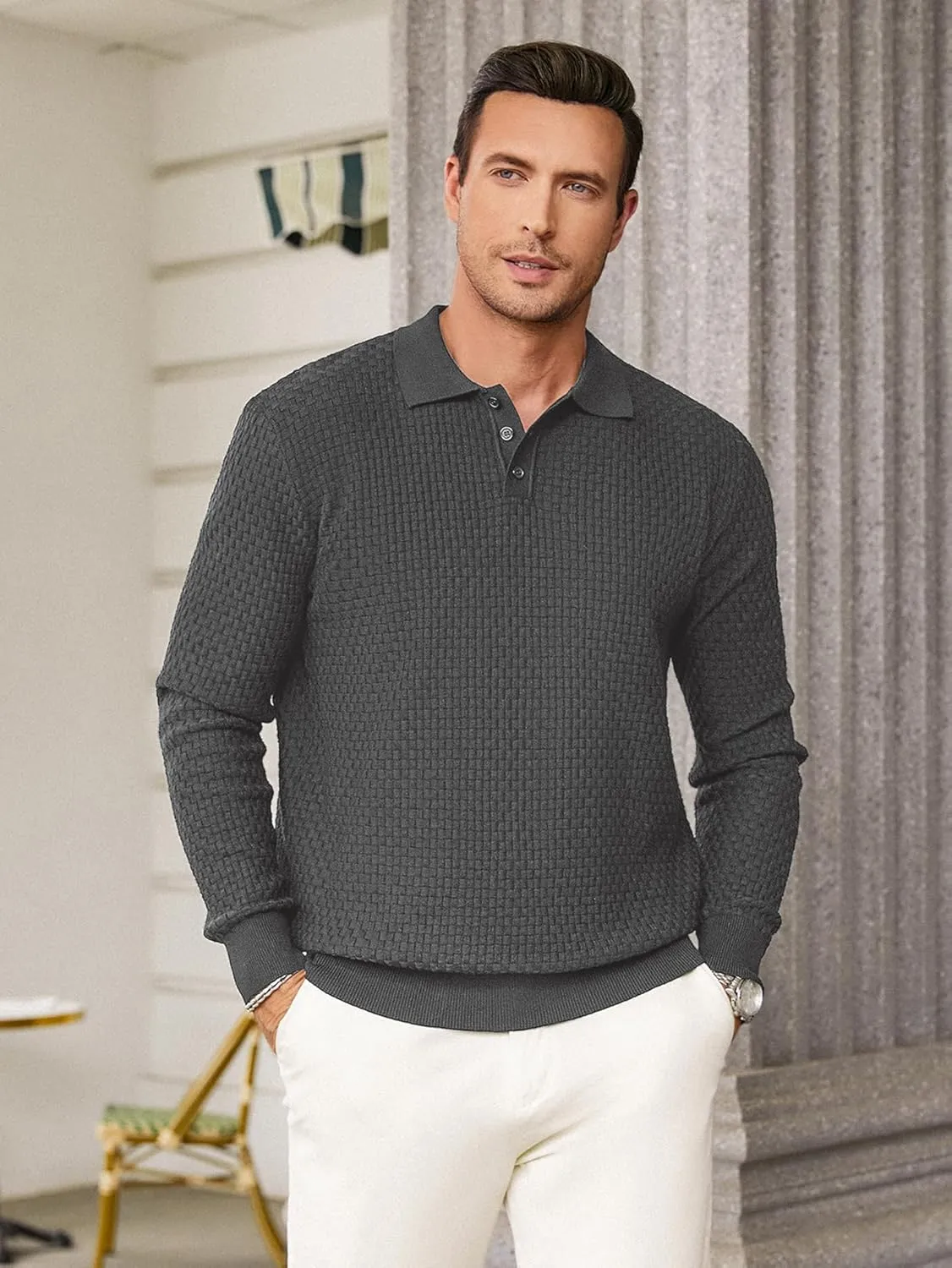 Hardaddy Men's Knit Polo Shirts Long Sleeve Button Up Pullover Sweater Textured Casual Collared Tops