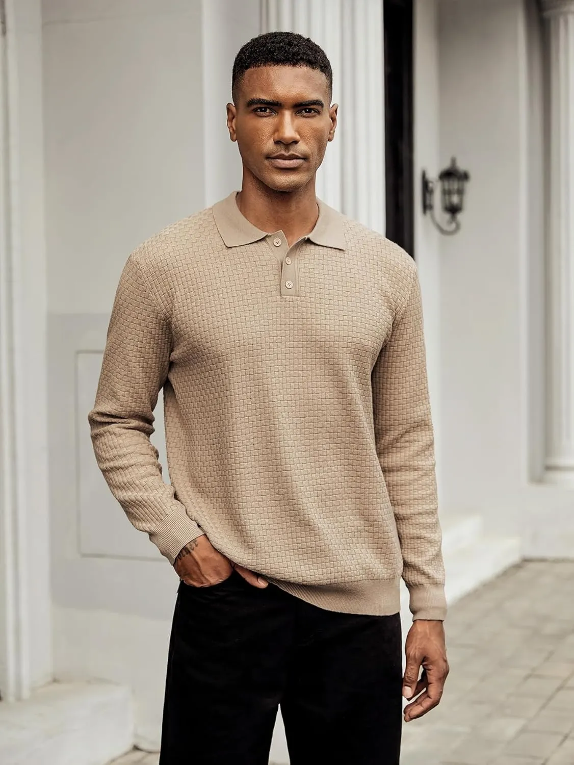 Hardaddy Men's Knit Polo Shirts Long Sleeve Button Up Pullover Sweater Textured Casual Collared Tops