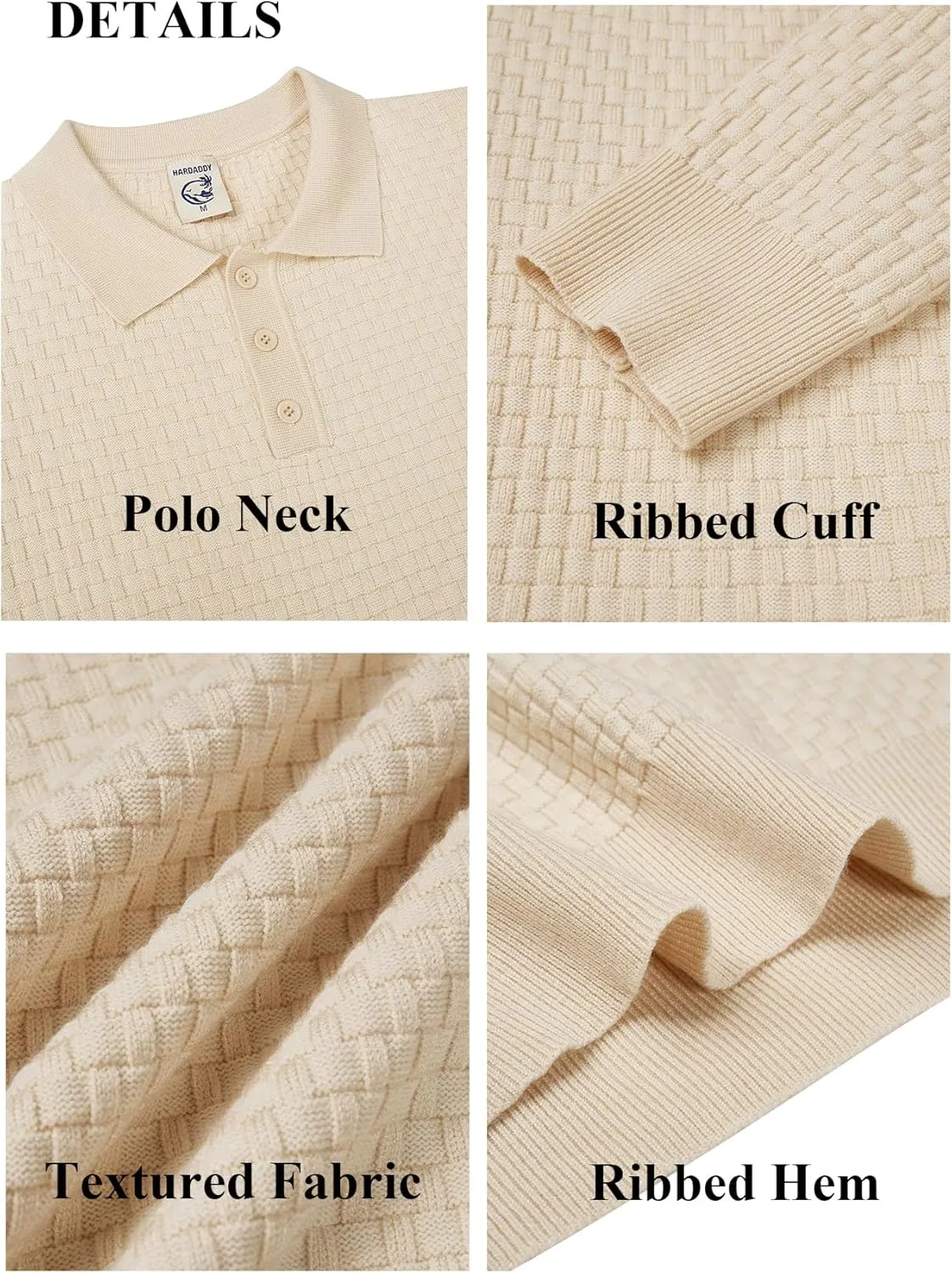 Hardaddy Men's Knit Polo Shirts Long Sleeve Button Up Pullover Sweater Textured Casual Collared Tops