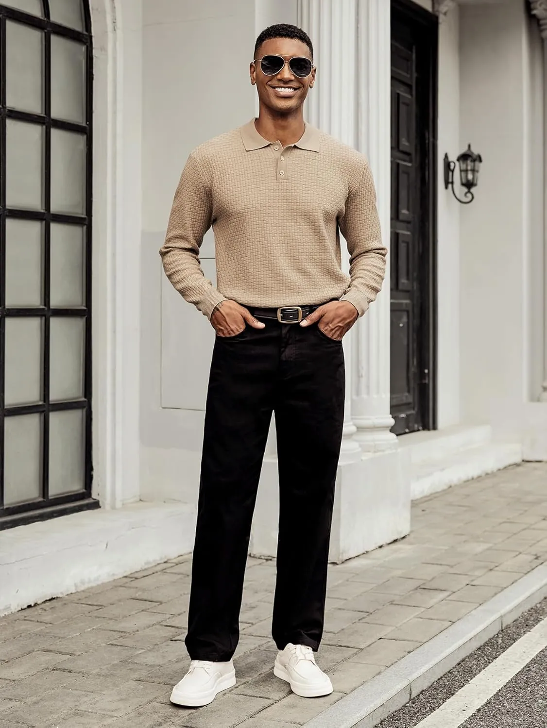 Hardaddy Men's Knit Polo Shirts Long Sleeve Button Up Pullover Sweater Textured Casual Collared Tops