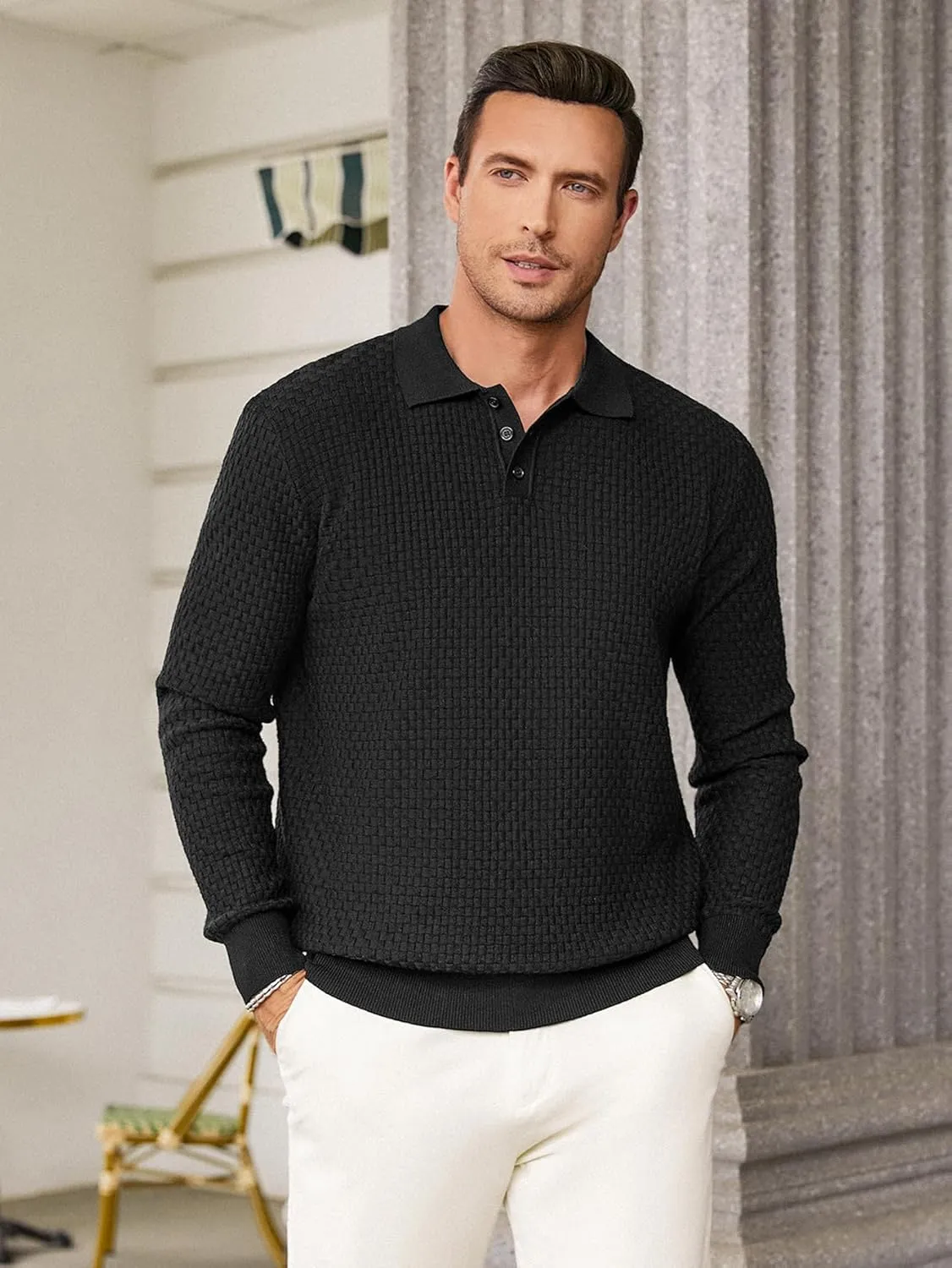 Hardaddy Men's Knit Polo Shirts Long Sleeve Button Up Pullover Sweater Textured Casual Collared Tops