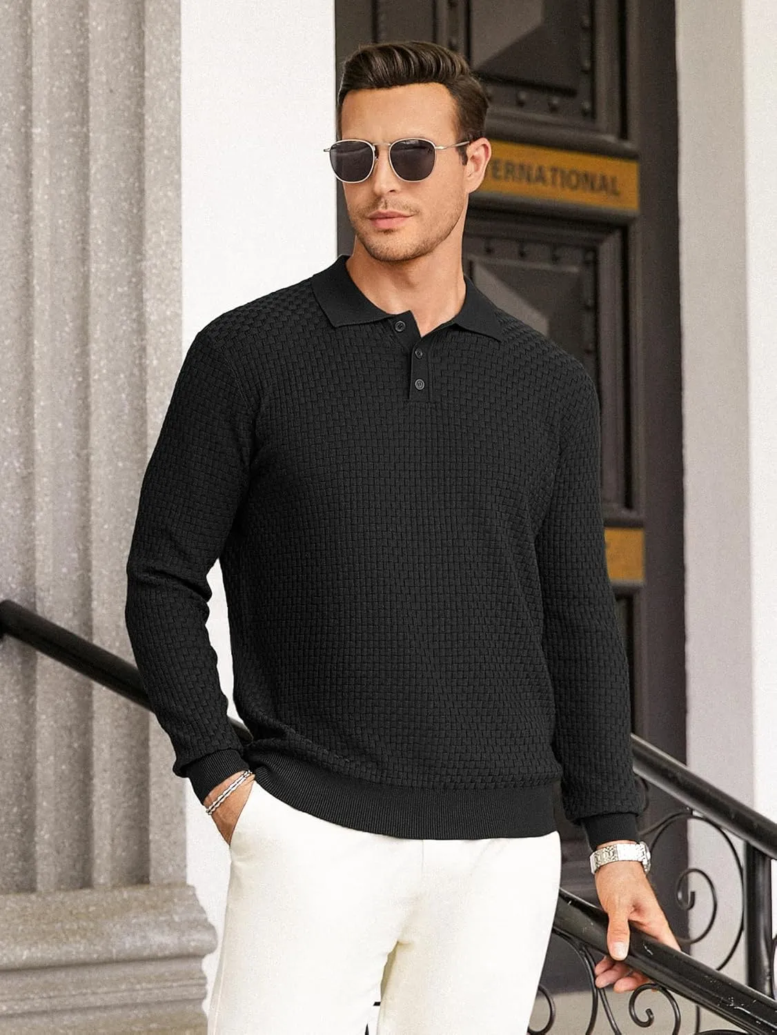Hardaddy Men's Knit Polo Shirts Long Sleeve Button Up Pullover Sweater Textured Casual Collared Tops