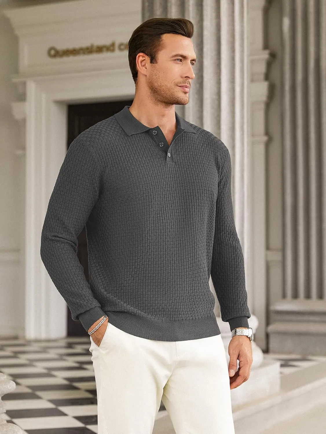 Hardaddy Men's Knit Polo Shirts Long Sleeve Button Up Pullover Sweater Textured Casual Collared Tops