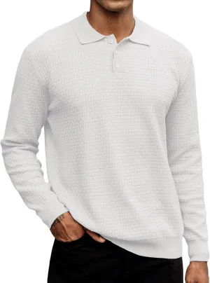 Hardaddy Men's Knit Polo Shirts Long Sleeve Button Up Pullover Sweater Textured Casual Collared Tops