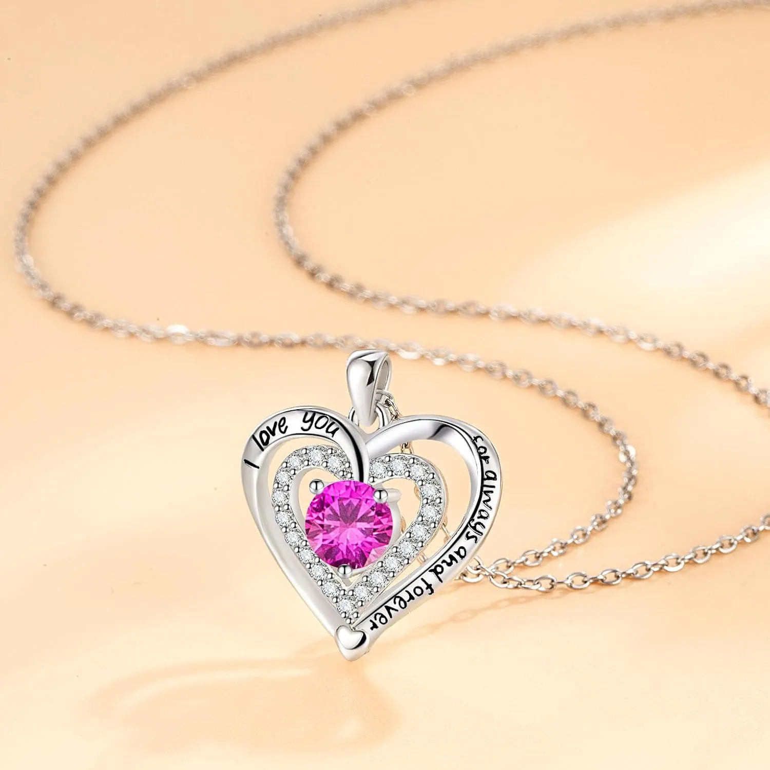 Heart Necklace, I Love You Always & Forever, Birthstone Cubic Zirconia Pendant, Gift for Women