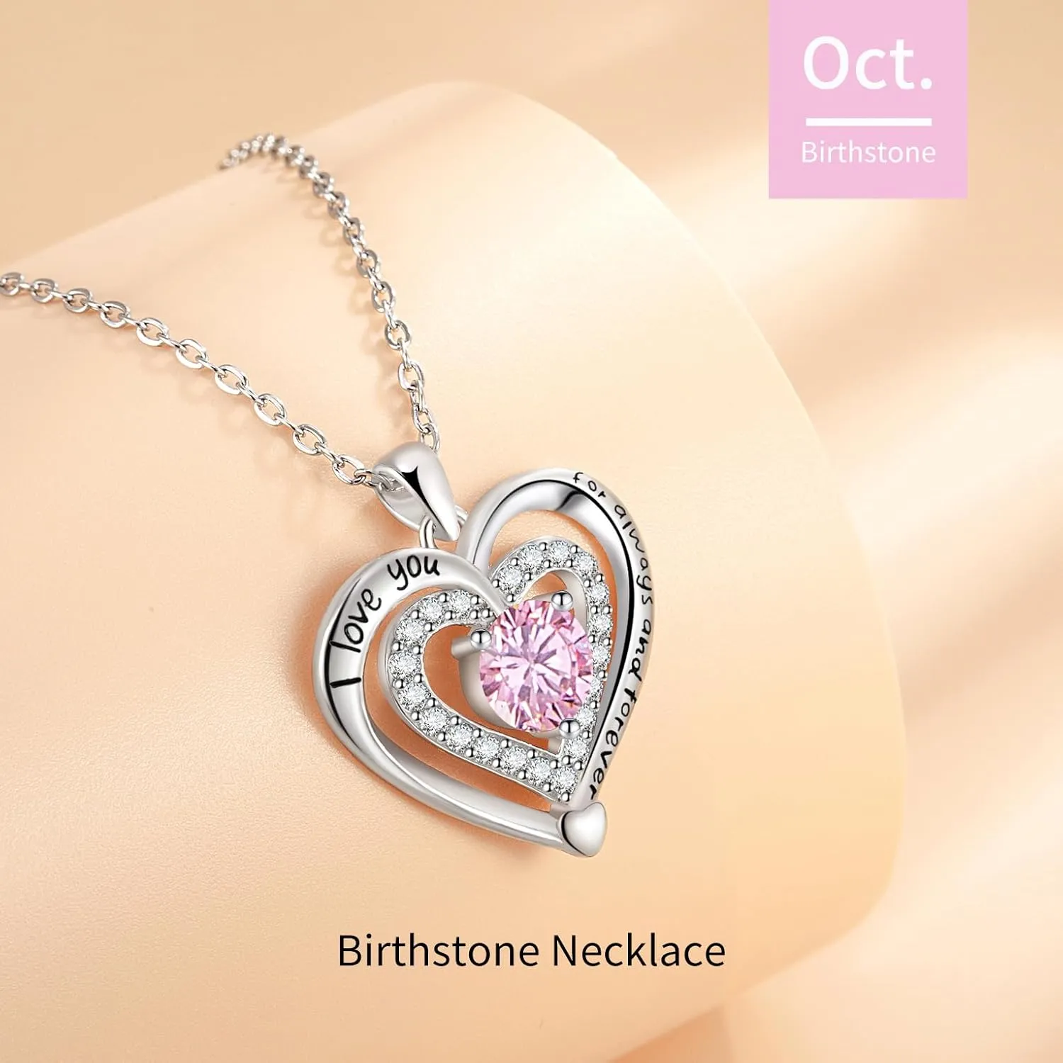 Heart Necklace, I Love You Always & Forever, Birthstone Cubic Zirconia Pendant, Gift for Women