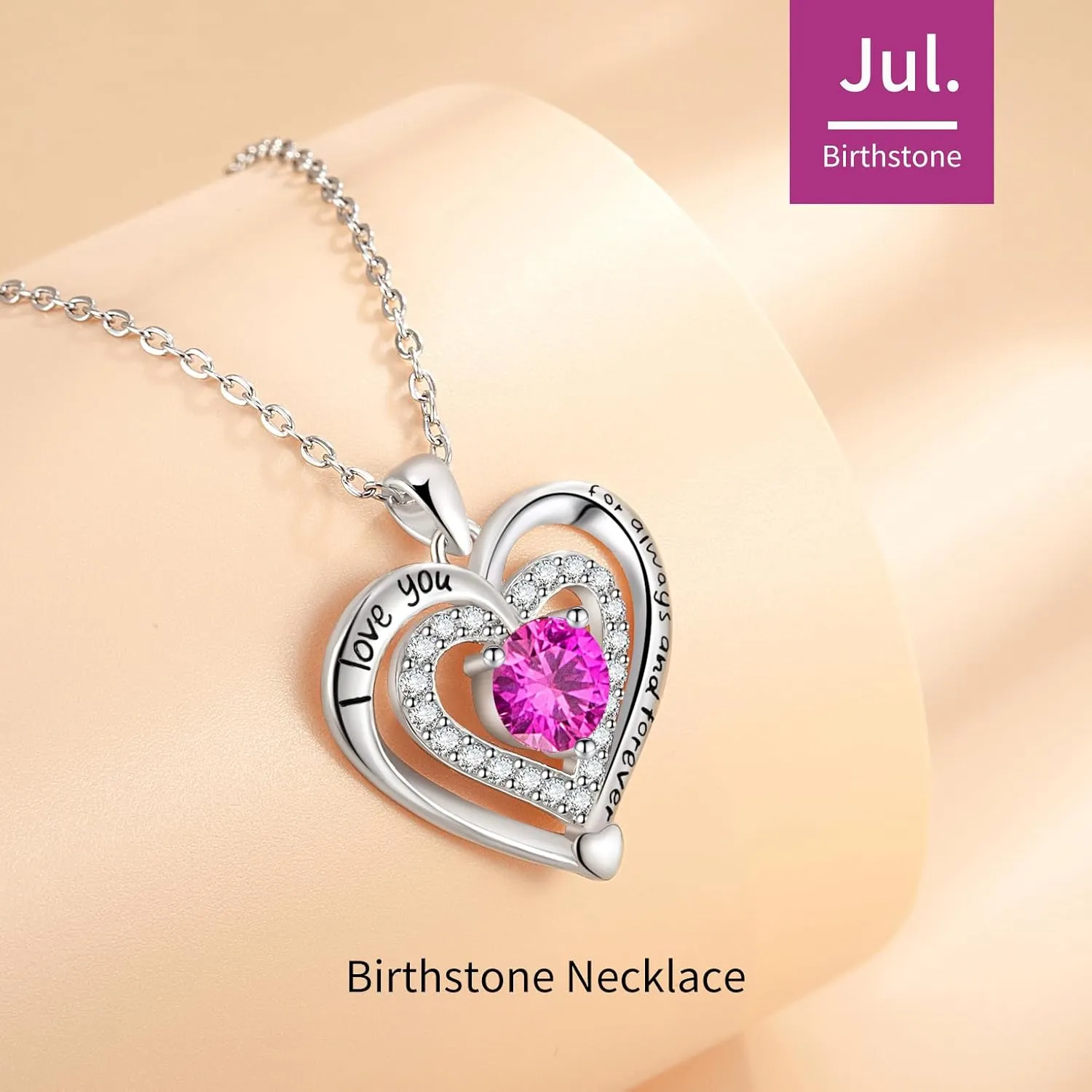 Heart Necklace, I Love You Always & Forever, Birthstone Cubic Zirconia Pendant, Gift for Women