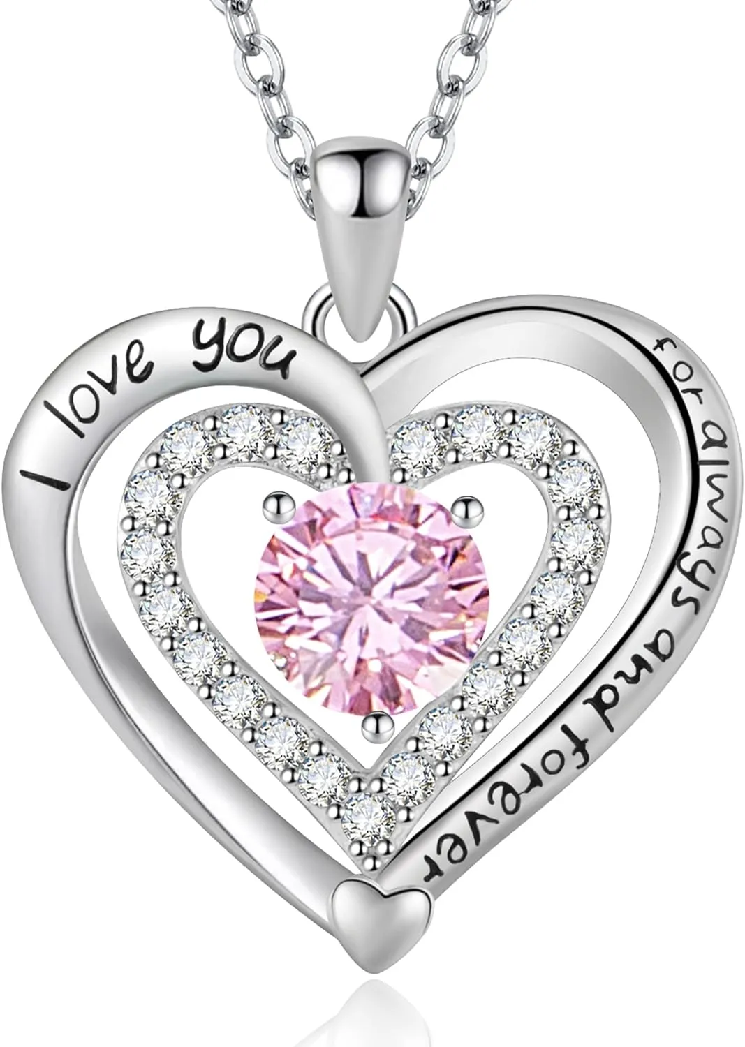 Heart Necklace, I Love You Always & Forever, Birthstone Cubic Zirconia Pendant, Gift for Women