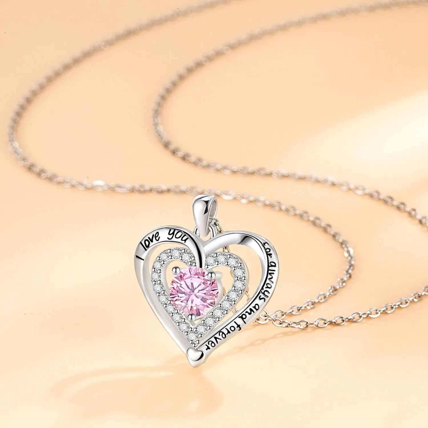 Heart Necklace, I Love You Always & Forever, Birthstone Cubic Zirconia Pendant, Gift for Women