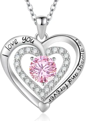 Heart Necklace, I Love You Always & Forever, Birthstone Cubic Zirconia Pendant, Gift for Women