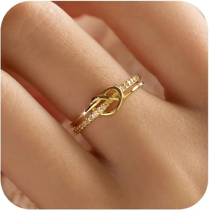 Heart Rings for Women Mother Daughter Friendship Knot Ring Promise Ring for Her 925 Sterling Silver 14K Gold Plated Cubic Zirconia Stackable Ring Purity Rings Birthday Graduation Gifts