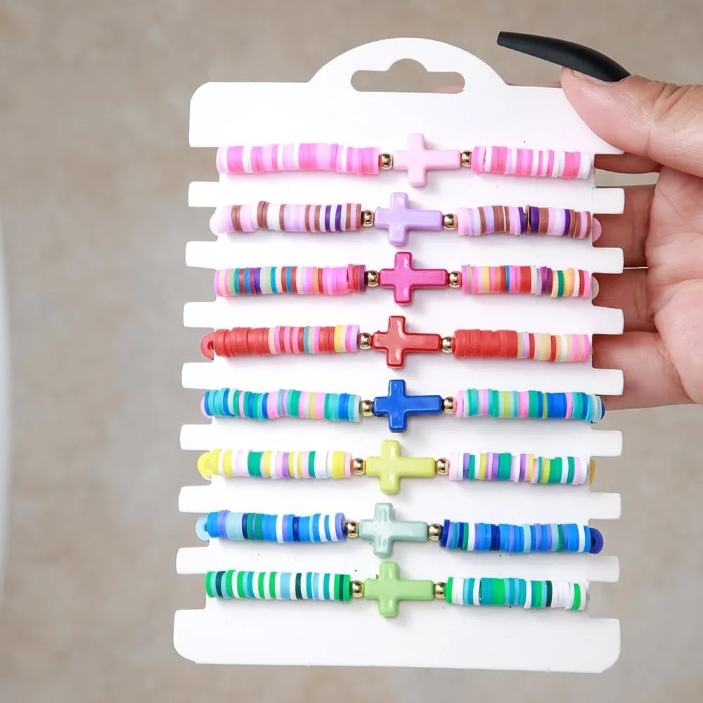Heishi Surfer Bracelets Set for Women Girls Bohemian Rainbow Stackable Clay Beaded Bracelets Christian Cross Gifts Disc Stretch Preppy Layering Colorful Friendship Summer Beach Bracelets