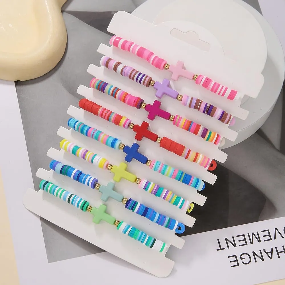 Heishi Surfer Bracelets Set for Women Girls Bohemian Rainbow Stackable Clay Beaded Bracelets Christian Cross Gifts Disc Stretch Preppy Layering Colorful Friendship Summer Beach Bracelets