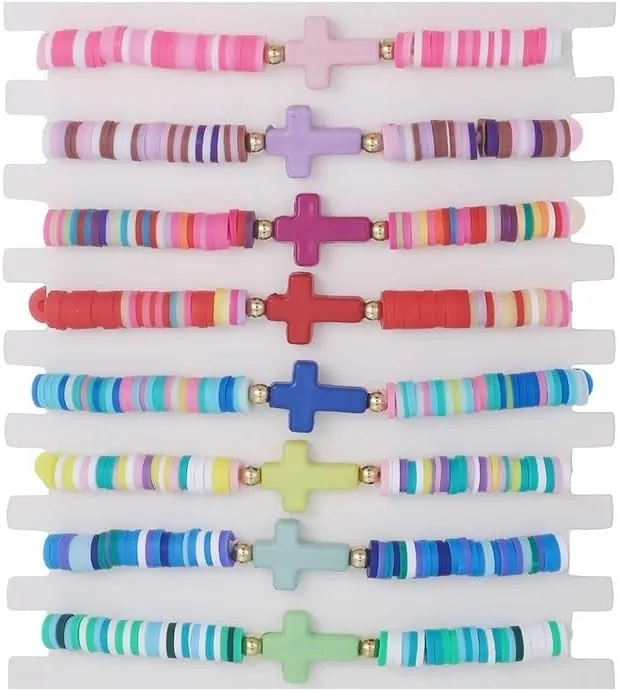 Heishi Surfer Bracelets Set for Women Girls Bohemian Rainbow Stackable Clay Beaded Bracelets Christian Cross Gifts Disc Stretch Preppy Layering Colorful Friendship Summer Beach Bracelets