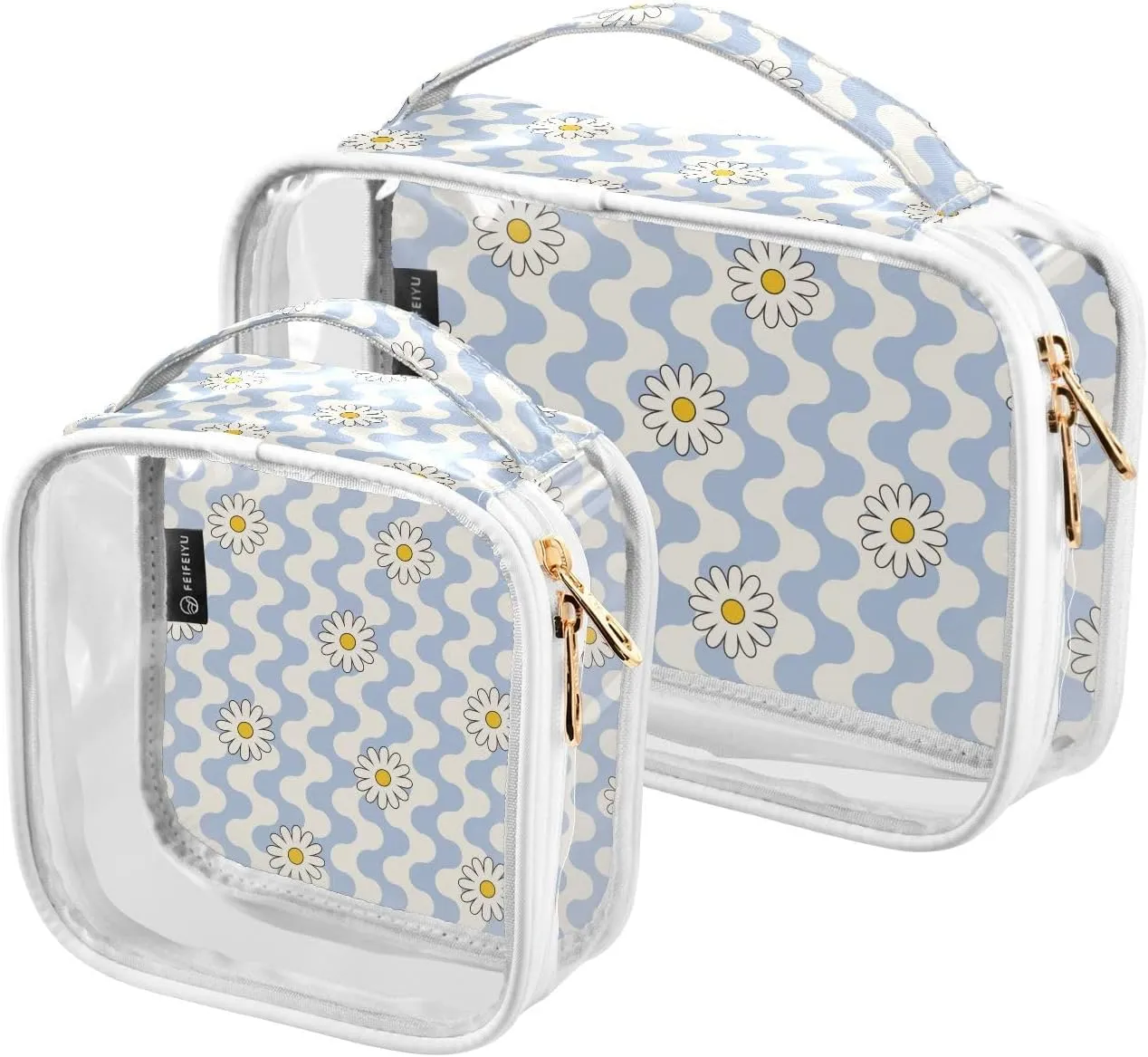 Hippie Chamomile 2 Pieces Clear Makeup Cosmetic Bags for Traveling Vacation Organizing, Toiletry Bags for Women Men, PVC Waterproof Travel Organizer