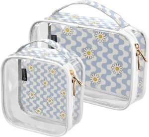 Hippie Chamomile 2 Pieces Clear Makeup Cosmetic Bags for Traveling Vacation Organizing, Toiletry Bags for Women Men, PVC Waterproof Travel Organizer