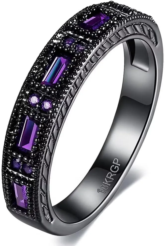 His and Hers Couple Rings,18K Black Gold Filled Womens Eternity Wedding Ring Purple Cubic Zirconia Cz,8mm Titanium Steel Mens Classics Wedding Bands