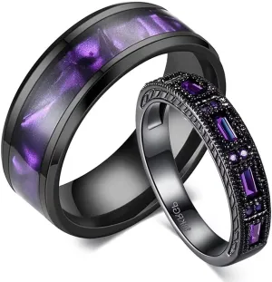 His and Hers Couple Rings,18K Black Gold Filled Womens Eternity Wedding Ring Purple Cubic Zirconia Cz,8mm Titanium Steel Mens Classics Wedding Bands