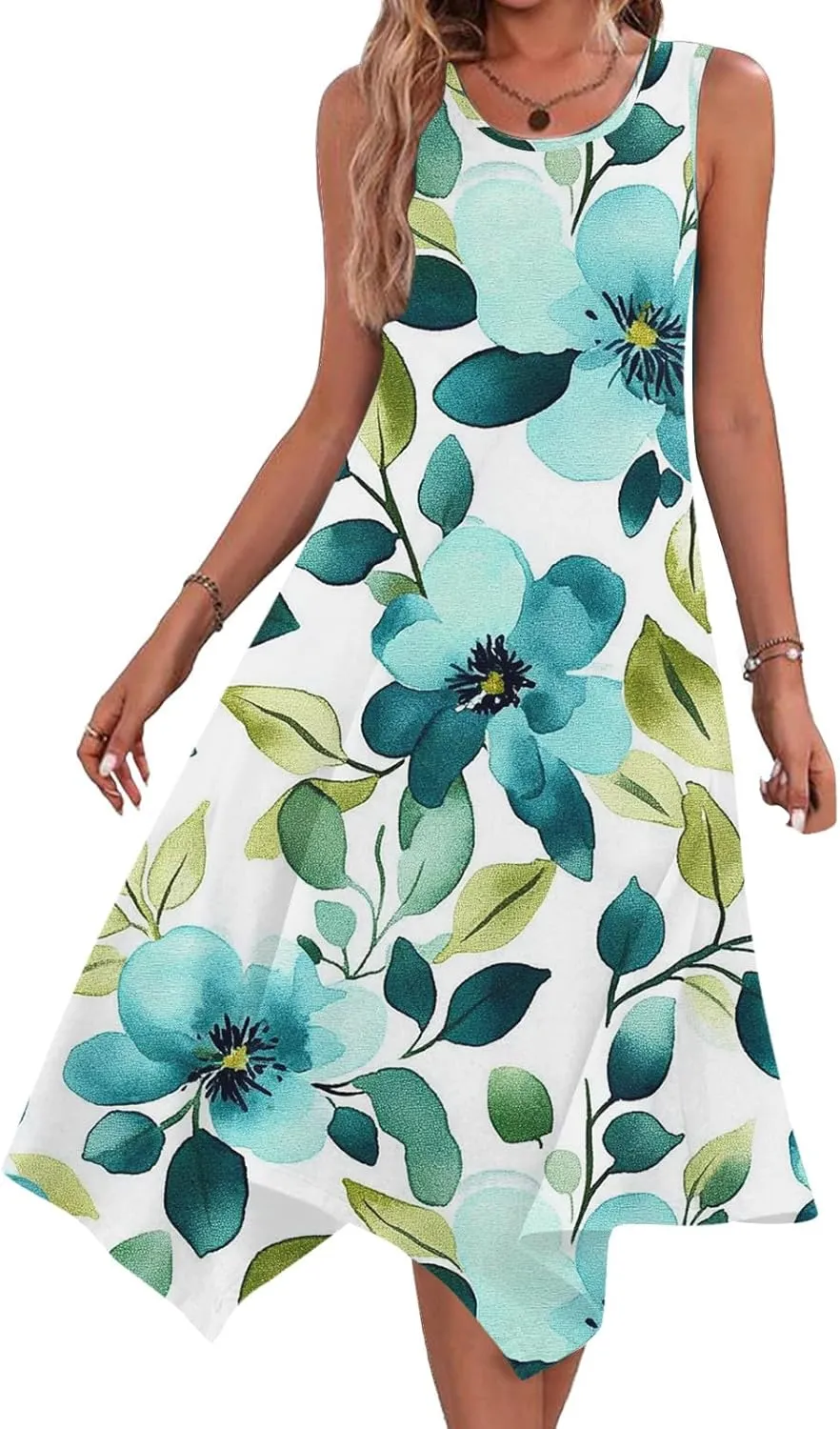 hlysgo Floral Dress for Women 2025 Casual Loose Sleeveless Crew Neck Midi Dresses Summer Boho Beach Sundress for Teen Girls