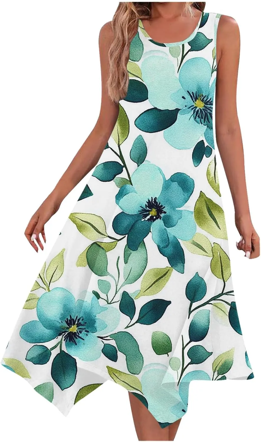hlysgo Floral Dress for Women 2025 Casual Loose Sleeveless Crew Neck Midi Dresses Summer Boho Beach Sundress for Teen Girls
