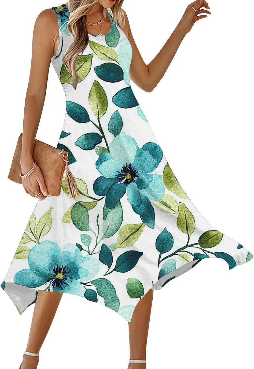 hlysgo Floral Dress for Women 2025 Casual Loose Sleeveless Crew Neck Midi Dresses Summer Boho Beach Sundress for Teen Girls