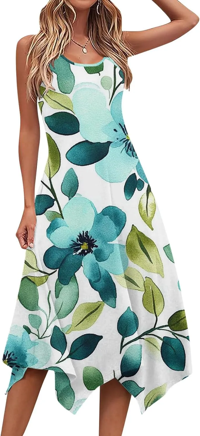 hlysgo Floral Dress for Women 2025 Casual Loose Sleeveless Crew Neck Midi Dresses Summer Boho Beach Sundress for Teen Girls