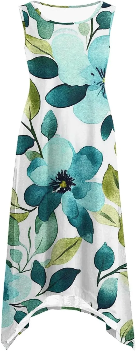 hlysgo Floral Dress for Women 2025 Casual Loose Sleeveless Crew Neck Midi Dresses Summer Boho Beach Sundress for Teen Girls