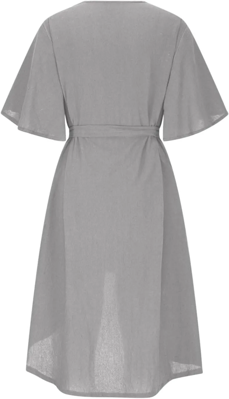 hlysgo Summer Dresses for Women Casual Loose Comfy Short Sleeve Beach Vacation Dress High-Low Hem V Neck Shirt Mini Dress