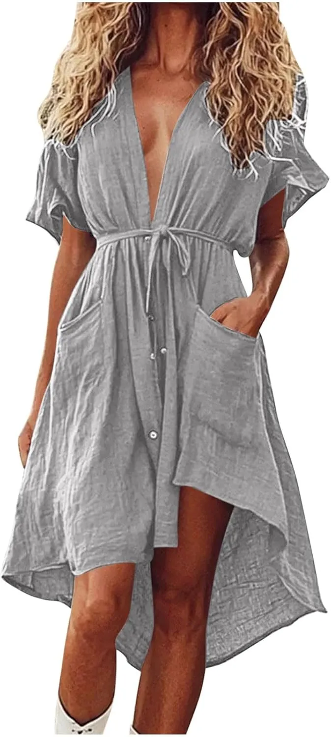 hlysgo Summer Dresses for Women Casual Loose Comfy Short Sleeve Beach Vacation Dress High-Low Hem V Neck Shirt Mini Dress