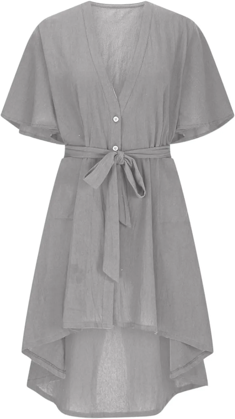 hlysgo Summer Dresses for Women Casual Loose Comfy Short Sleeve Beach Vacation Dress High-Low Hem V Neck Shirt Mini Dress
