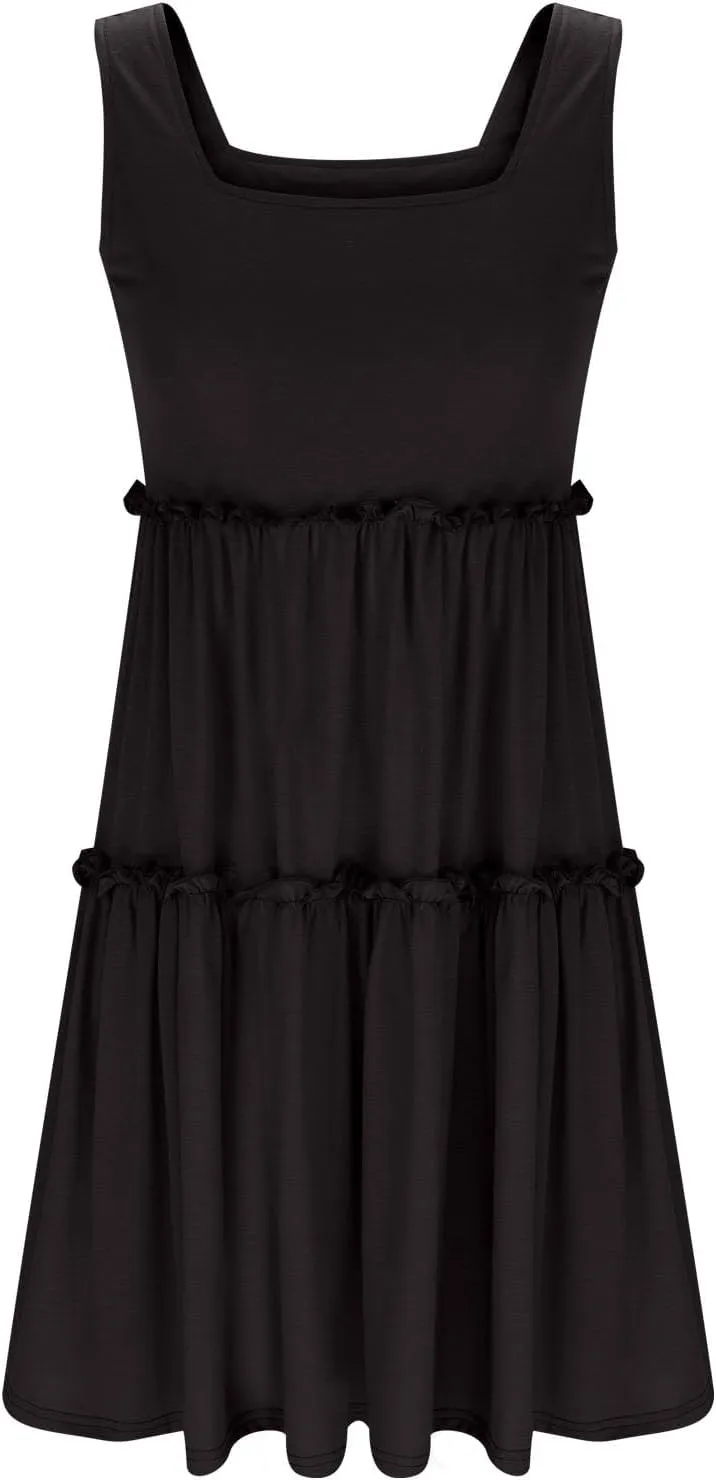 hlysgo Sundresses for Women Trendy Sleeveless Square Neck Tiered Mini Dress Casual Knee Length Beach Dresses Summer Clothes