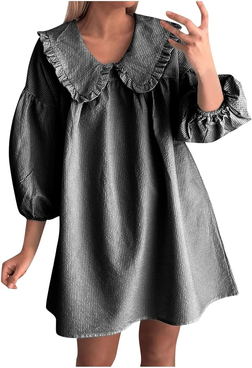 hlysgo Vacation Dresses for Women 2025 Casual Loose Fit 3/4 Sleeve Collar Neck Mini Dress Summer Solid Beach Babydoll Dress