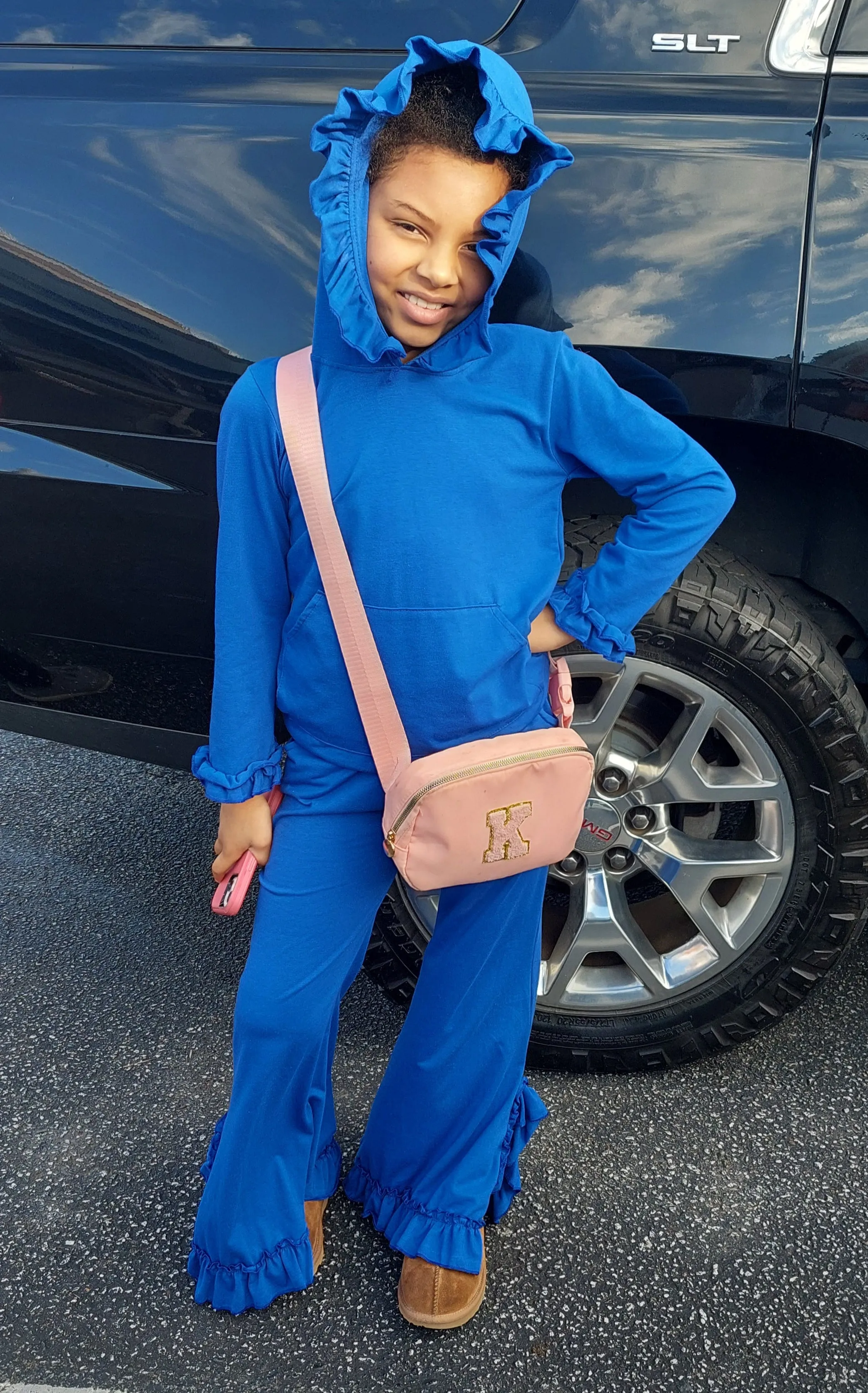 hooded ruffle trim cotton jogger