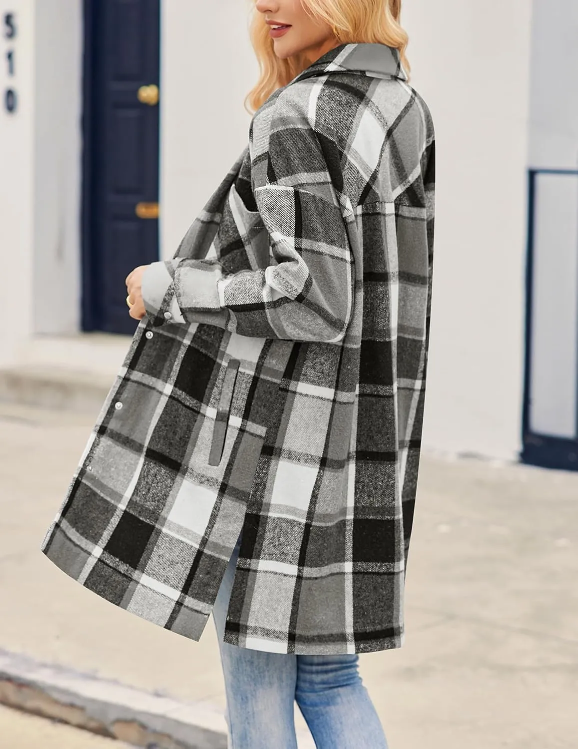 HOTOUCH Womens Flannel Jacket Long Plaid Shacket Casual Snap Button Tartan Trench Coat Long Sleeve Shirts with Pockets