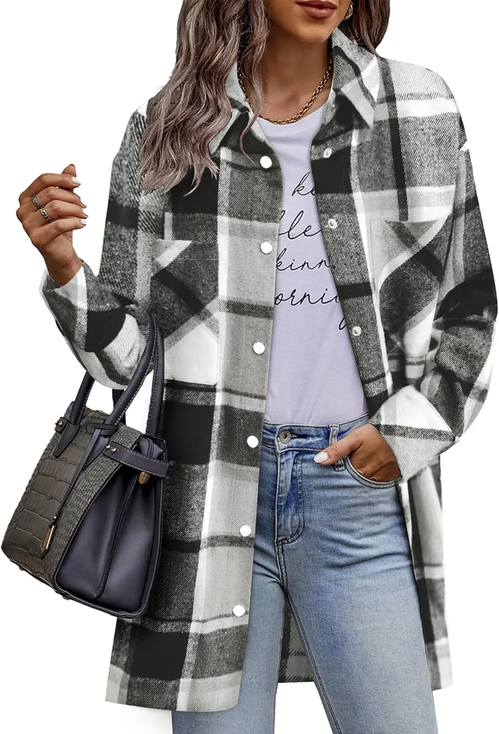 HOTOUCH Womens Flannel Jacket Long Plaid Shacket Casual Snap Button Tartan Trench Coat Long Sleeve Shirts with Pockets