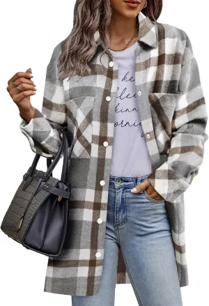 HOTOUCH Womens Flannel Jacket Long Plaid Shacket Casual Snap Button Tartan Trench Coat Long Sleeve Shirts with Pockets
