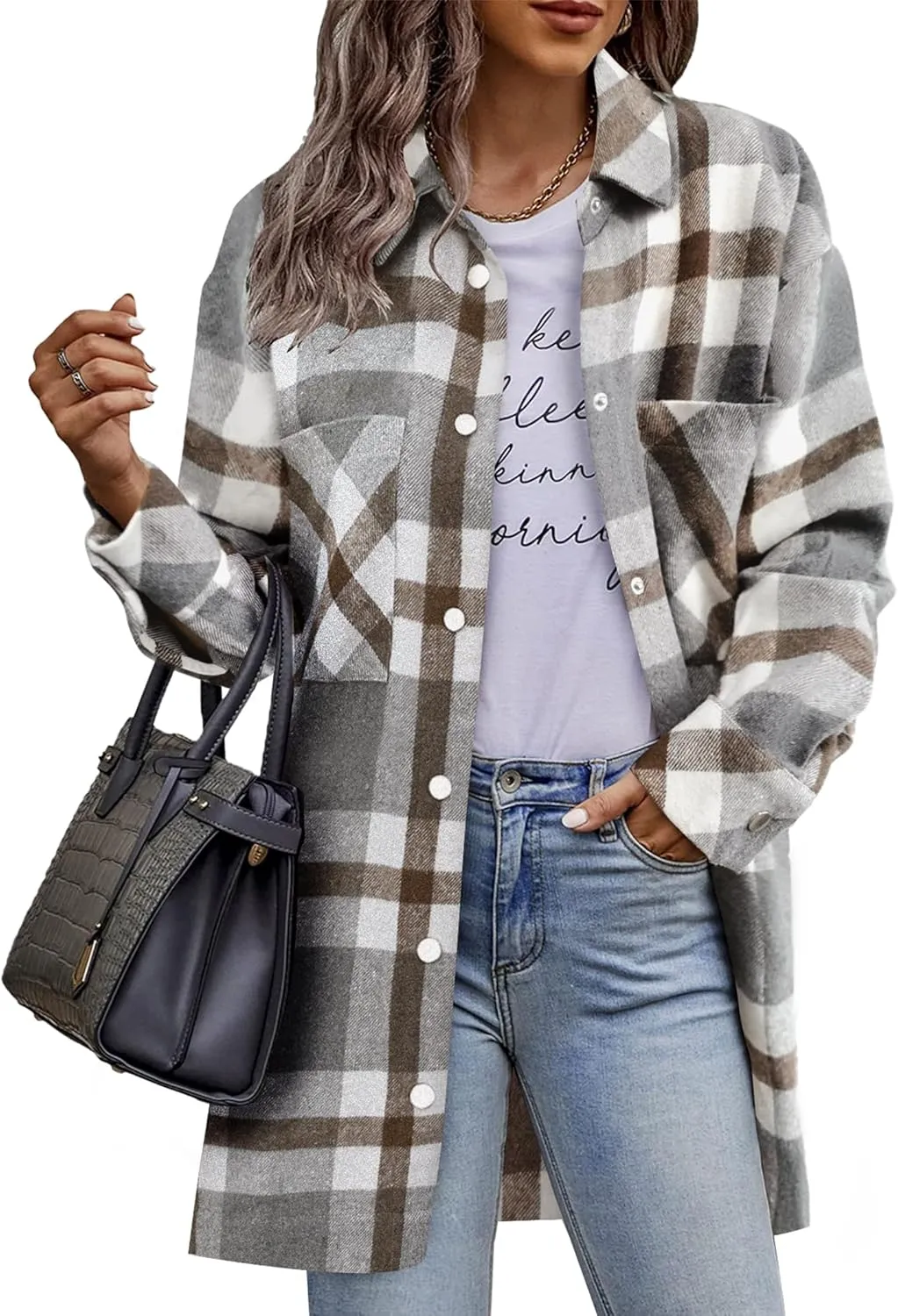 HOTOUCH Womens Flannel Jacket Long Plaid Shacket Casual Snap Button Tartan Trench Coat Long Sleeve Shirts with Pockets